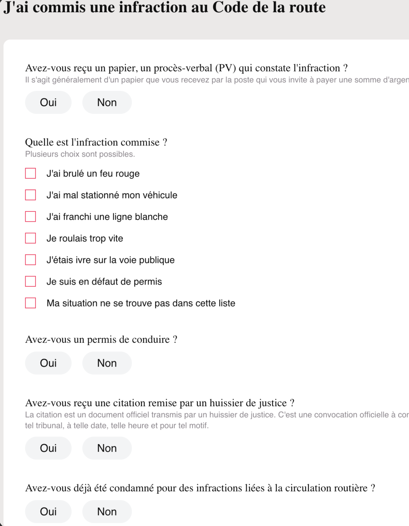 Formulaire Symplicy "J'ai commis une infraction au Code de la route" que le client remplit